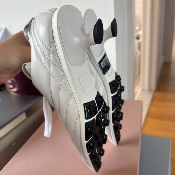 NWT Miu Miu Heeled Sneakers White Leather Pointed Toe Lace Up Kitten Heels Sz 34 - Picture 10 of 10
